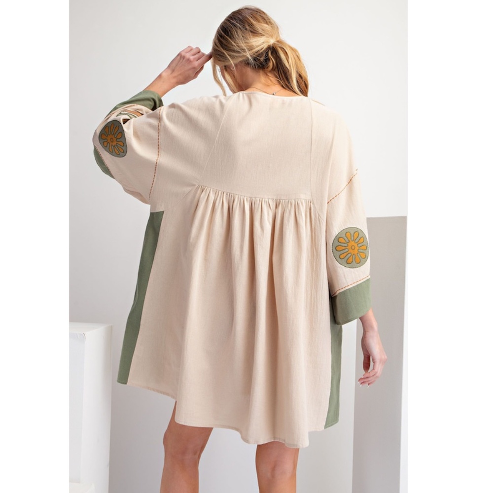 "The Kavi" Cream Embroidered Poly Linen Dress with Pockets. OBO - Picture 3 of 3